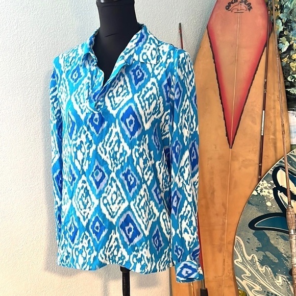 Dora Landa,Pure Silk Blue Ikat Button Up Neck Blouse, Gorgeous Colors, M - Picture 5 of 9